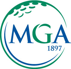 MGA (Men's Golf Association ) logo; blue and green lettering superimposed on green and white golf ball