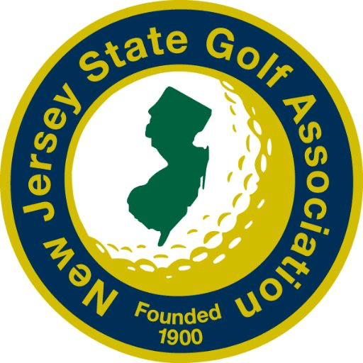 New Jersey State Golf Association logo; yellow lettering in blue circle surrounding solid green New Jersey map in center of white and yellow golf ball.