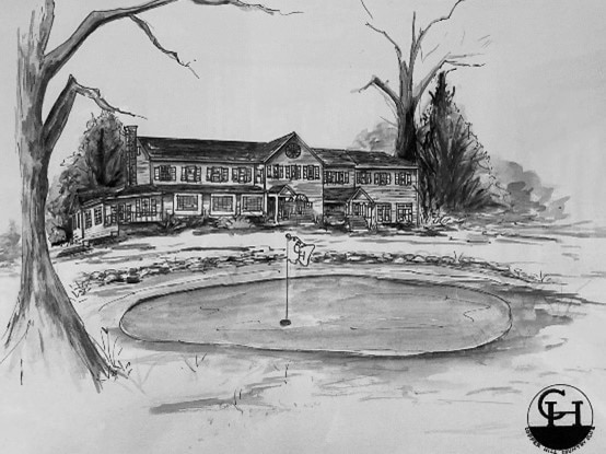 Artist's rendering of the Copper Hill Country Club Club House with golf hole in front - history of Copper Hill